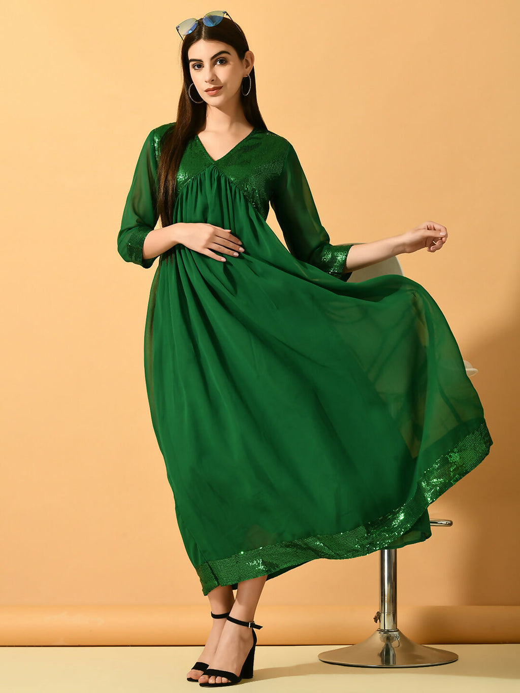 Myshka Women's Green Fit and Flare Party Dress