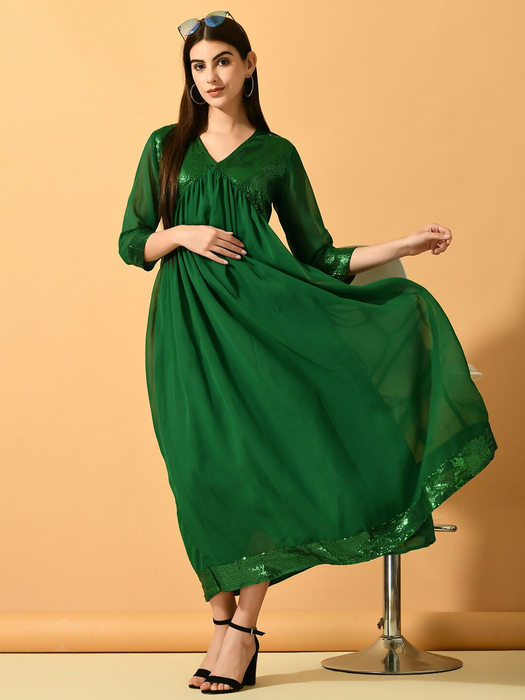 Myshka Women's Green Fit and Flare Party Dress