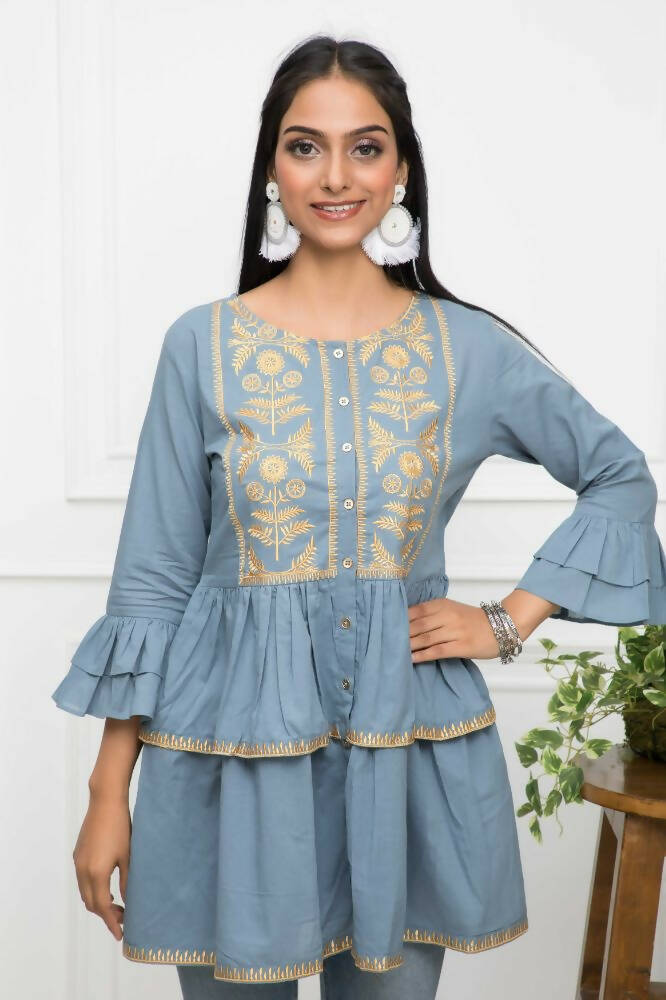 Myshka Women Grey Solid Round Neck Flared Sleeves Pure Cotton Top