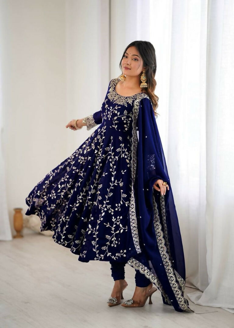 Teeya Creation Blue Color Heavy Faux Georgette Embroidery Work Gown