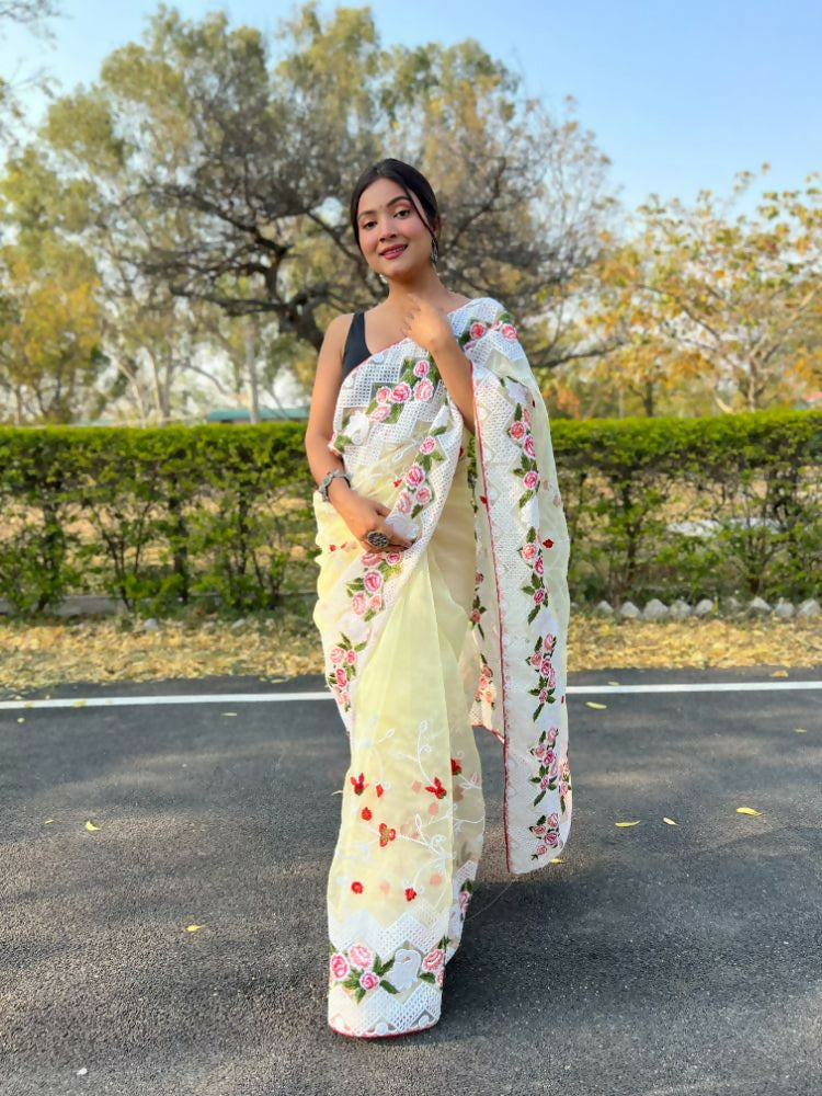Vamsee Kamaljaal Yellow Organza Saree