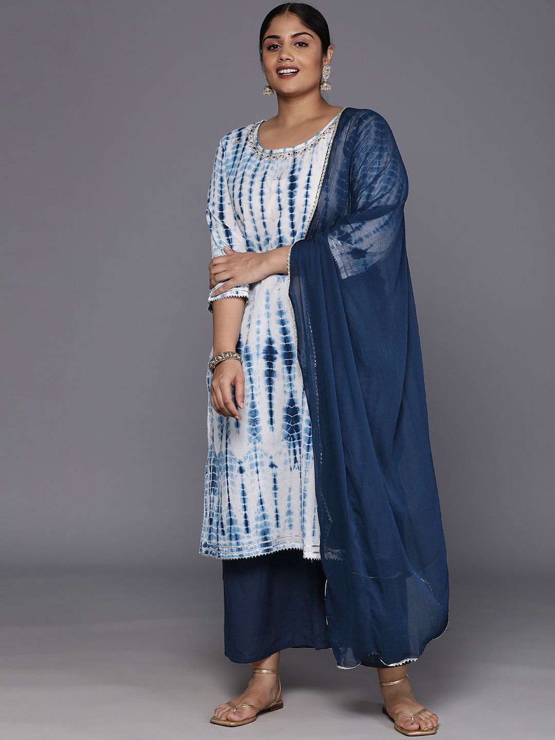 Sztori Women Leheriya Printed Pure Cotton Straight Kurta & Palazzos With Dupatta