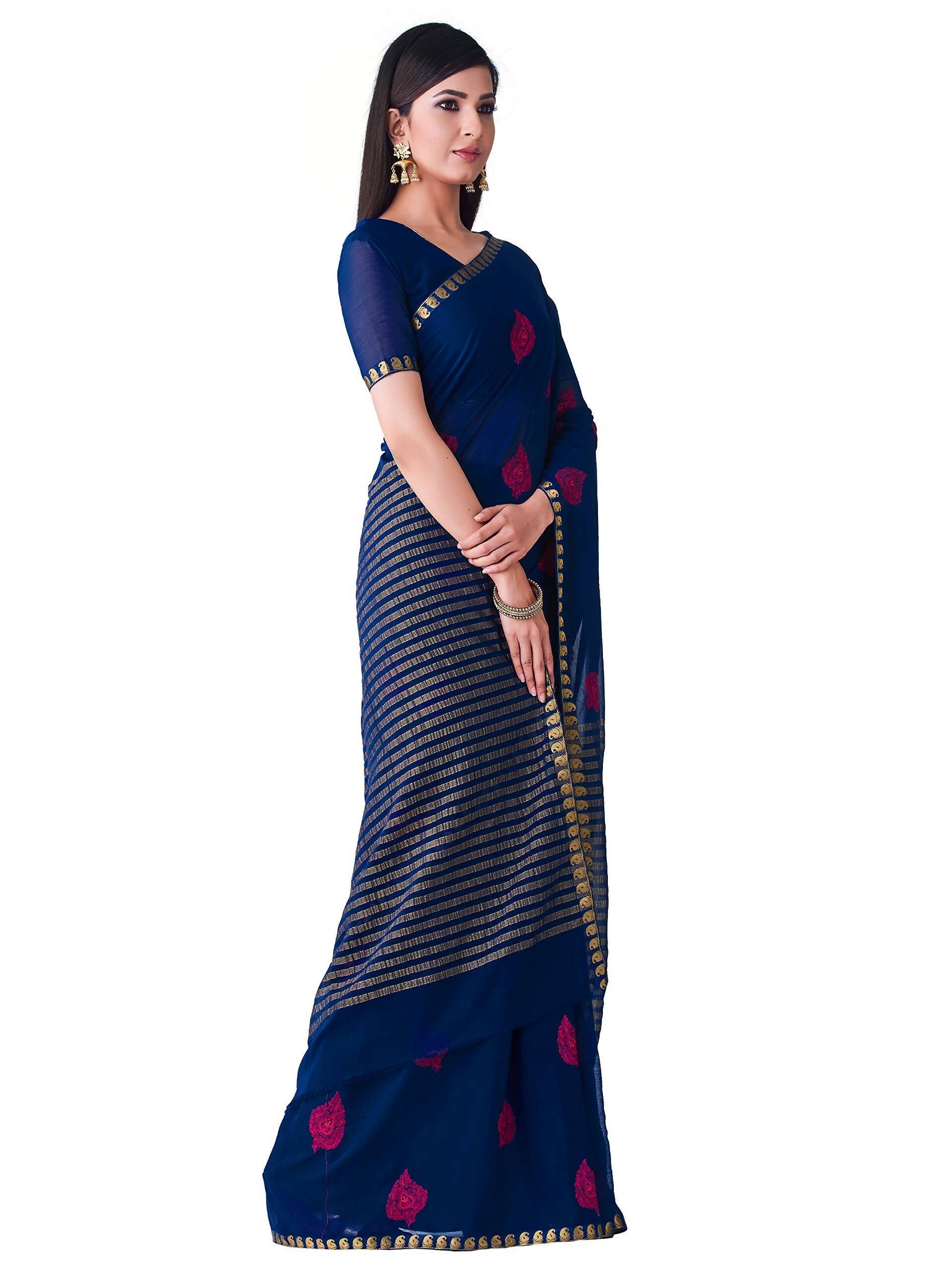 Mimosa Women's Navy Blue Banarasi Chiffon Saree
