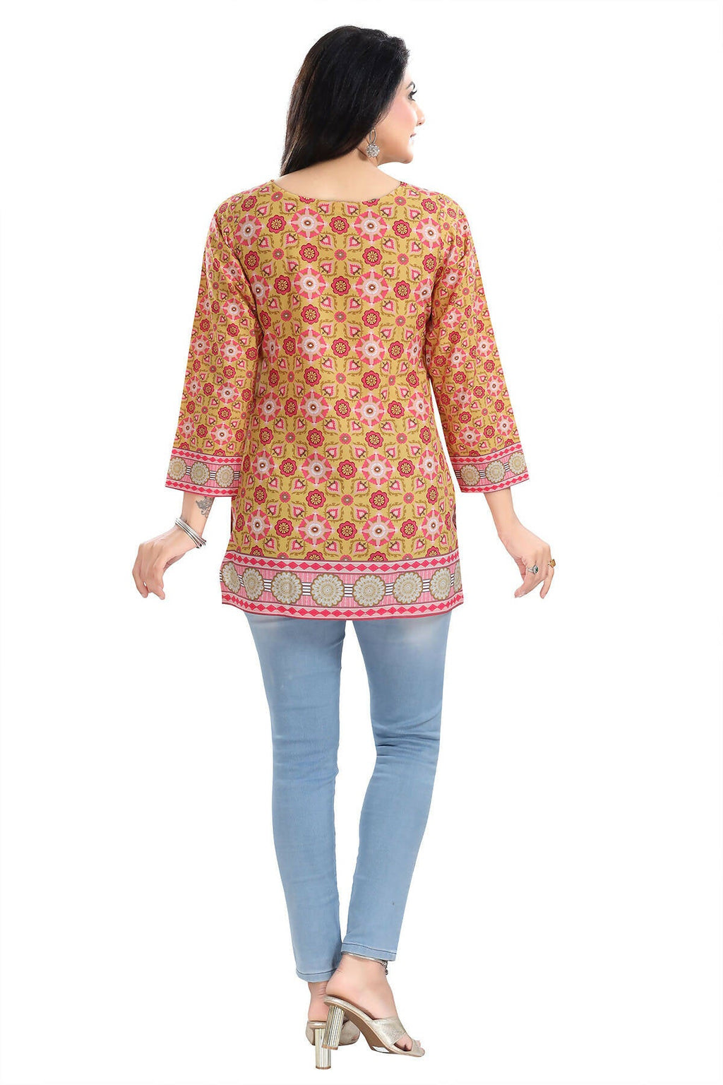 Snehal Creations Yellow Faux Crepe Short Kurti Tunic Top