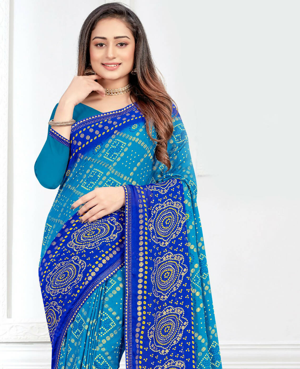 Sky Blue Georgette Bandhani Printed Saree With Unstitched Blouse Piece - Jyoti