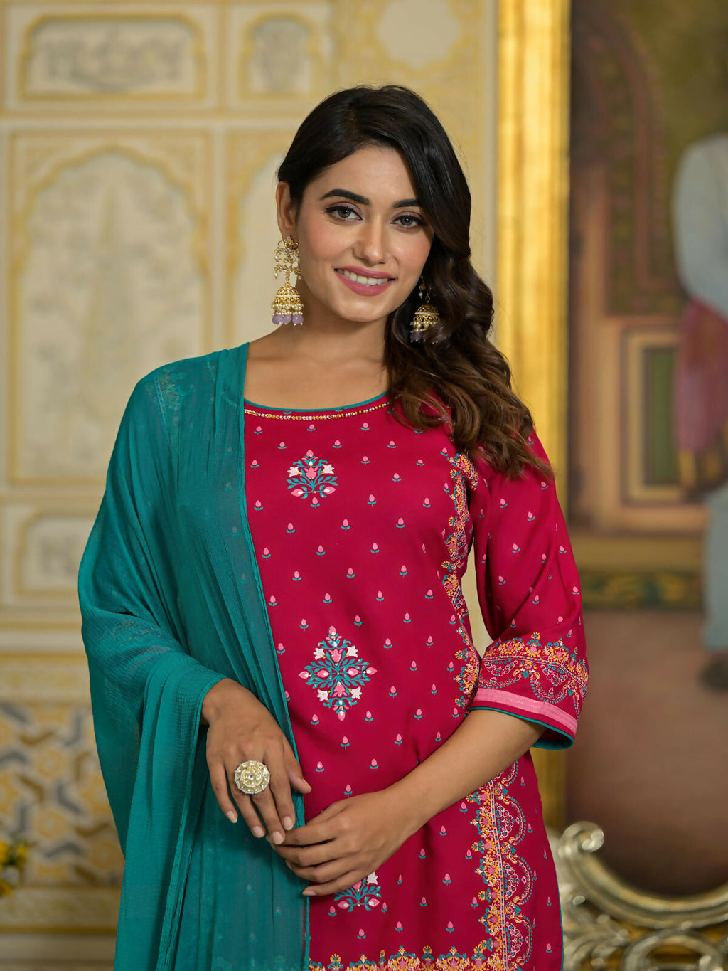 Juniper Women's Fuchsia Ethnic Motif Printed Liva Rayon Tunic Sharara and Dupatta Set With Sequins & Gota Patti Work
