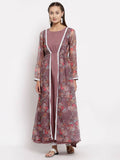 Myshka Women's Multi Organza Printed Full Sleeve Round Neck Casual Maxi Dress