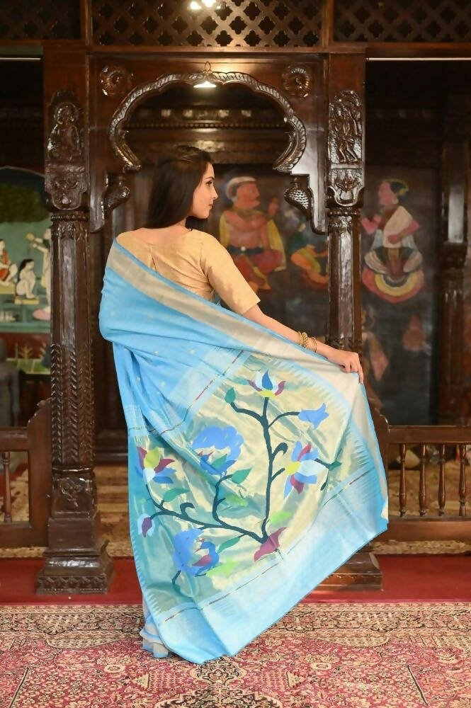 Very Much Indian Handloom Pure Cotton Paithani Peacock Pallu-Sky Blue
