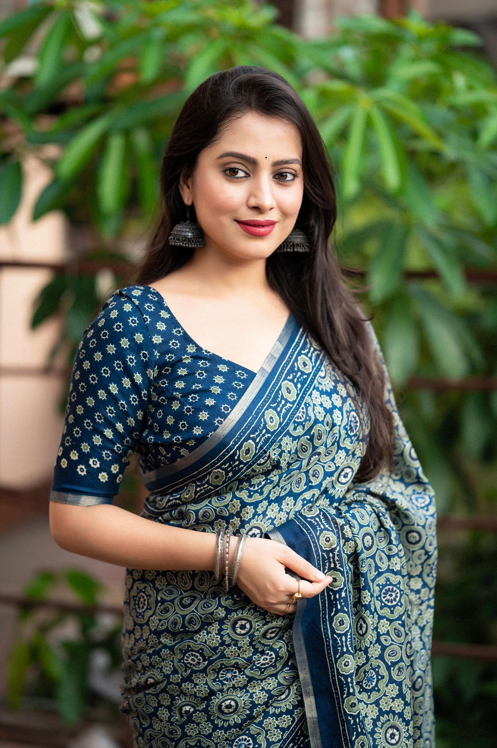 Blue Cotton Blend Ajrak Saree with Unstitched Blouse - Hiral Fashion