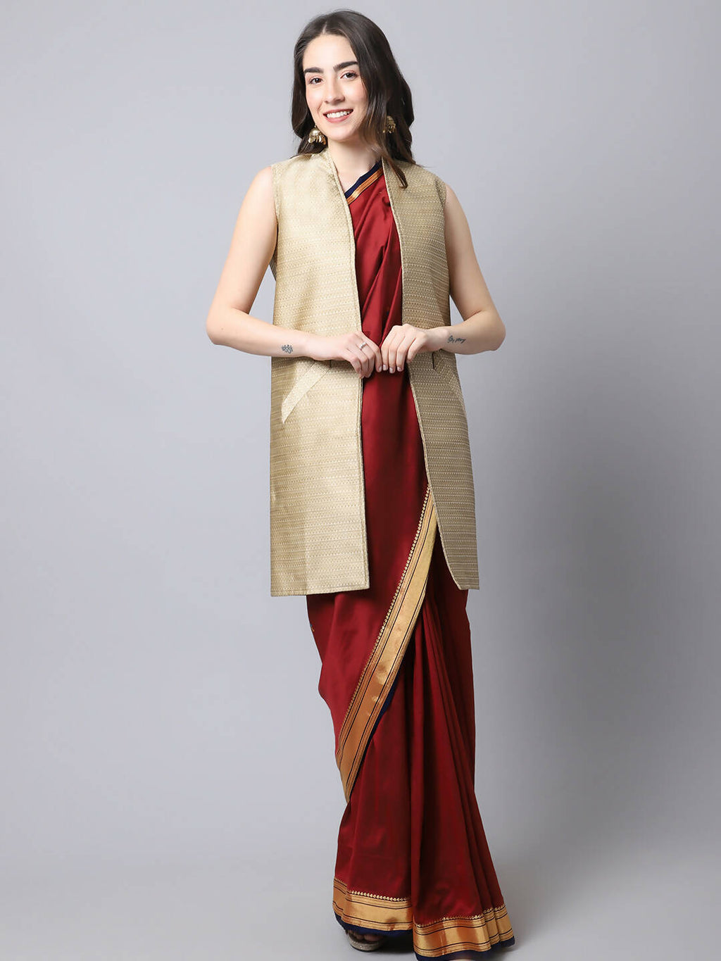 Even Apparels Beige Bansari Silk Open Front Women's Long Coat