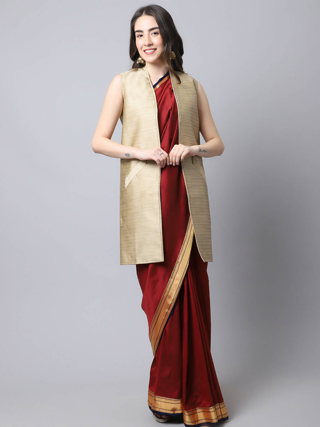 Even Apparels Beige Bansari Silk Open Front Women's Long Coat