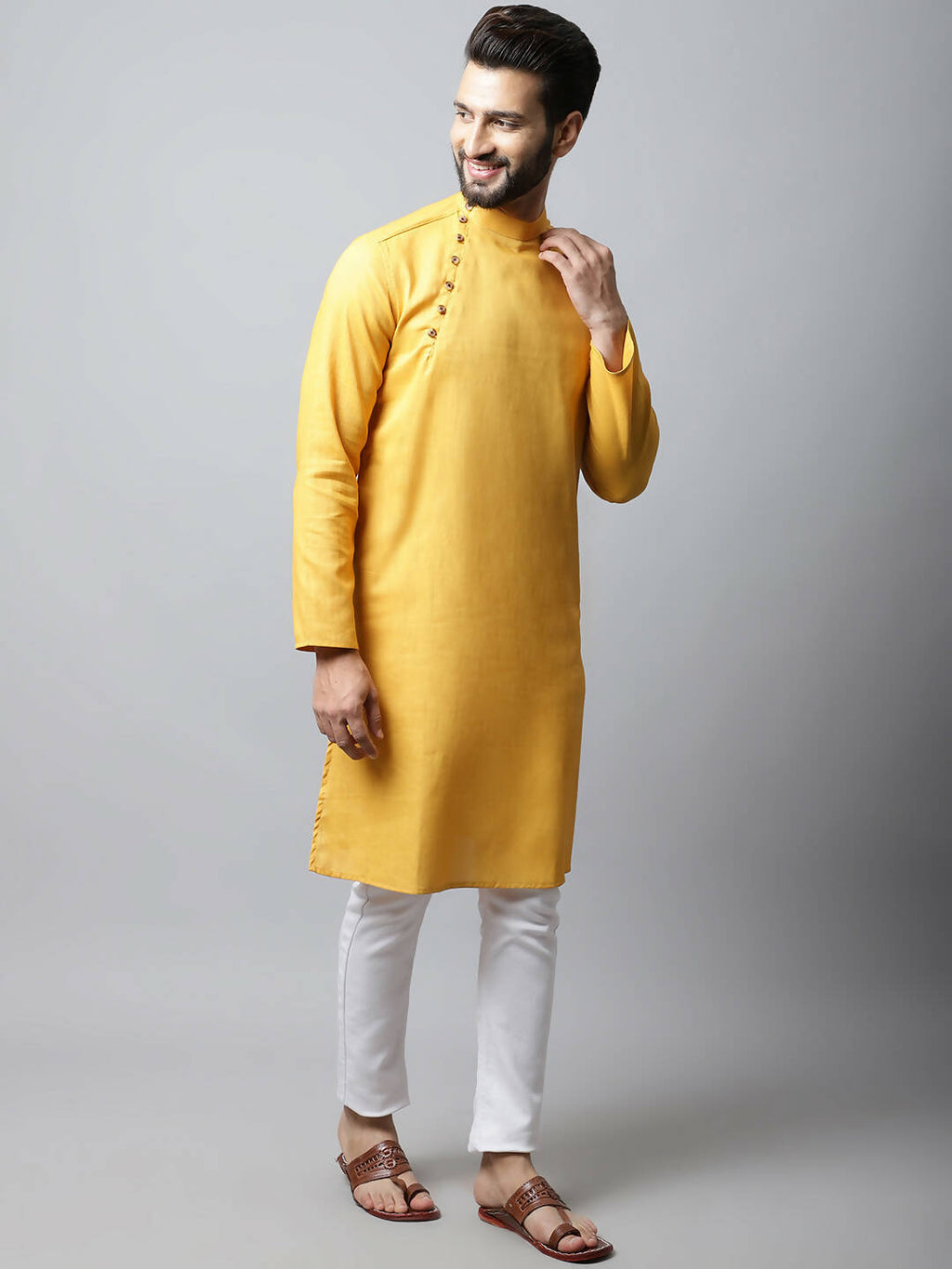 Even Apparels Yellow Color Pure Cotton Men's Kurta With Side Placket (SLD1130)