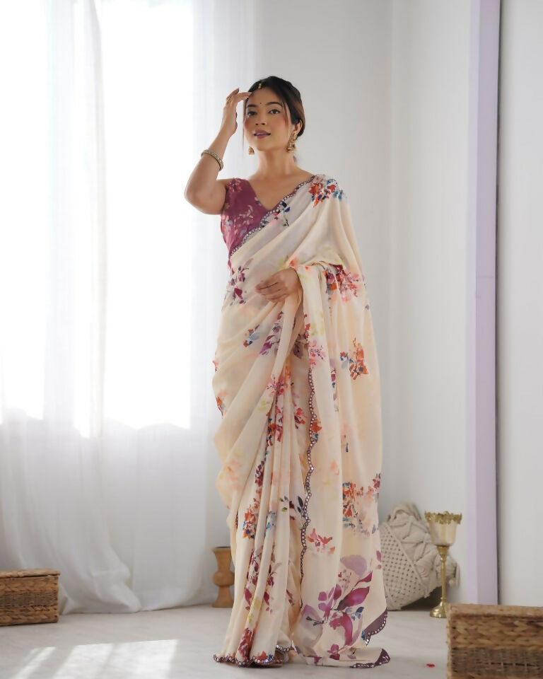 Peach Chinon Designer Digital Printed & Mirror Cut Work Saree - Kriti