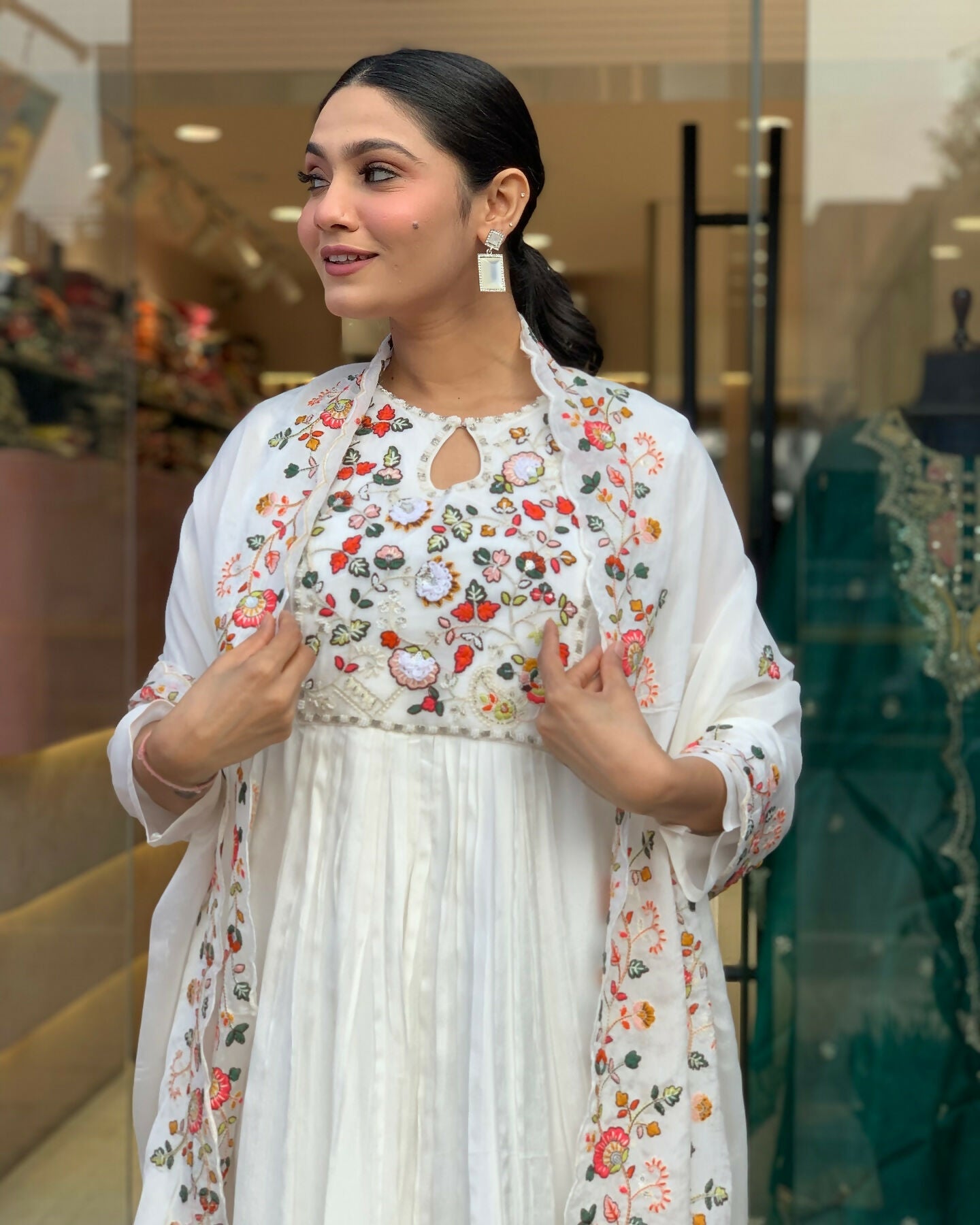 The52 White Women's Gorgeous Embroidered Viscose Chiffon Fabric Pleated Kurta Pant with Dupatta Set