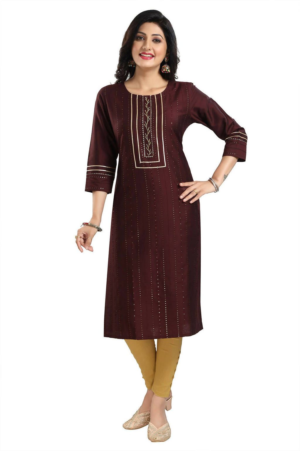 Snehal Creations Beautiful Brown Cotton Silk Designer Long Kurti Tunic With Sequines Embroidery