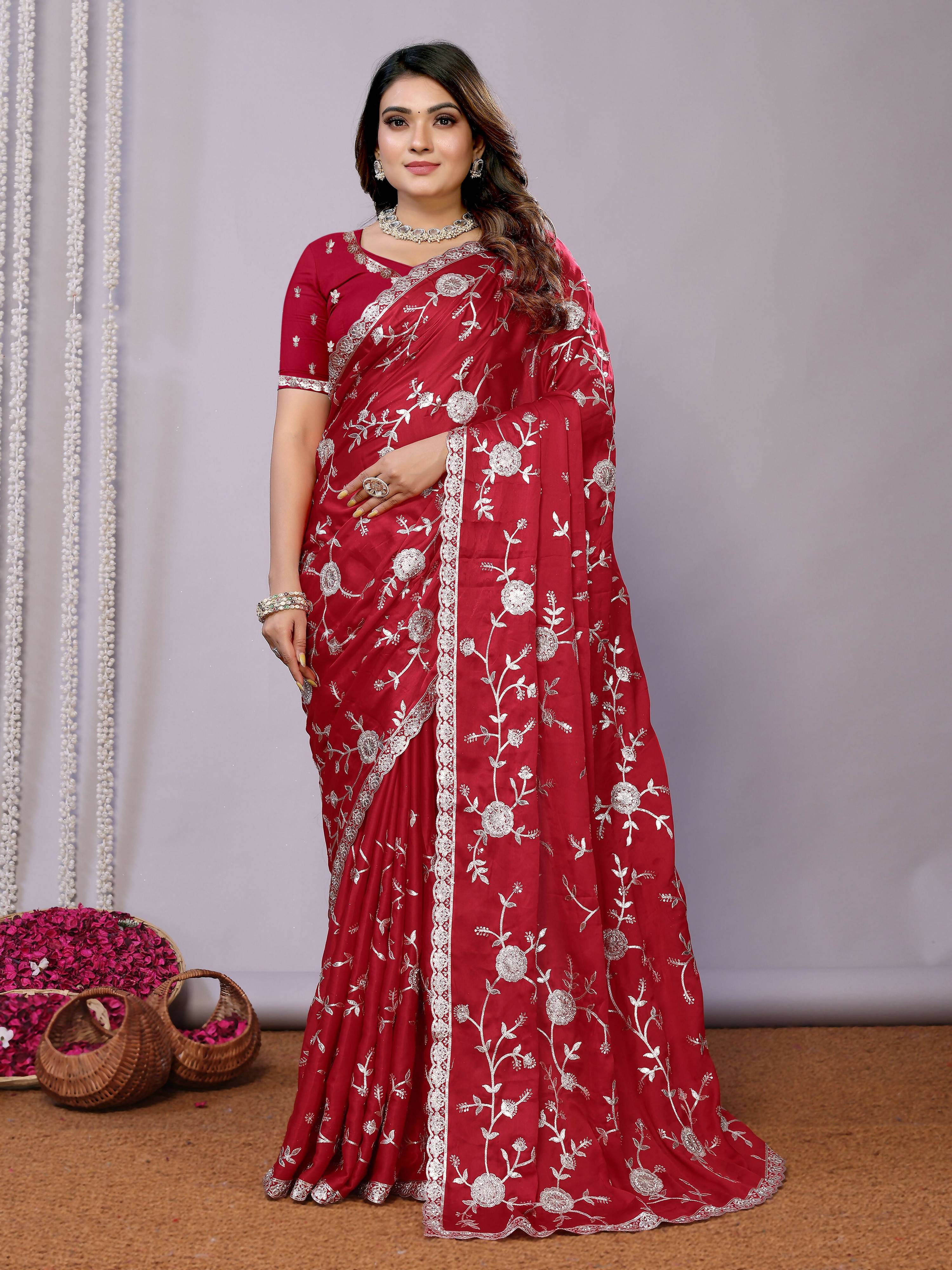 Red Pure Satin Embroidered Saree With Stitched Blouse - Nimaya Kaksha