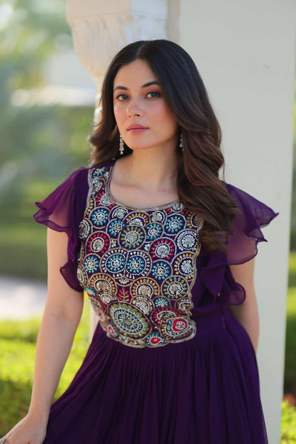 Joban Fashion Purple Georgette Sequence Embroidery Work Gown