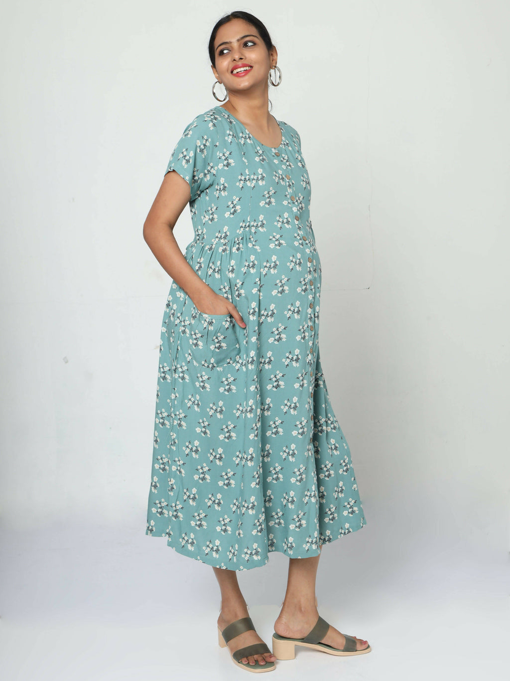 Manet Short Sleeves Maternity Dress Floral Print With Concealed Zipper Nursing Access - Green