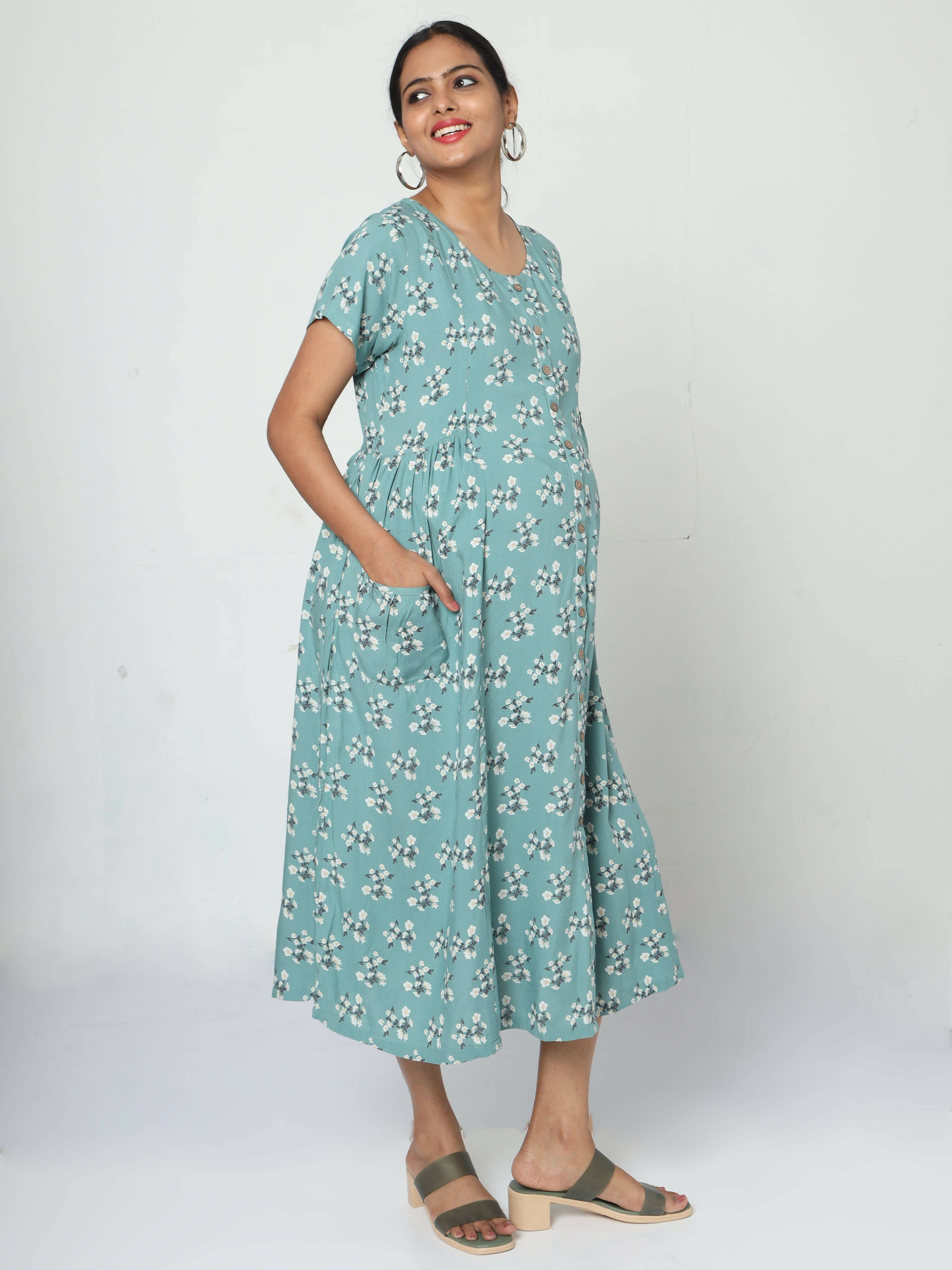 Manet Short Sleeves Maternity Dress Floral Print With Concealed Zipper Nursing Access - Green