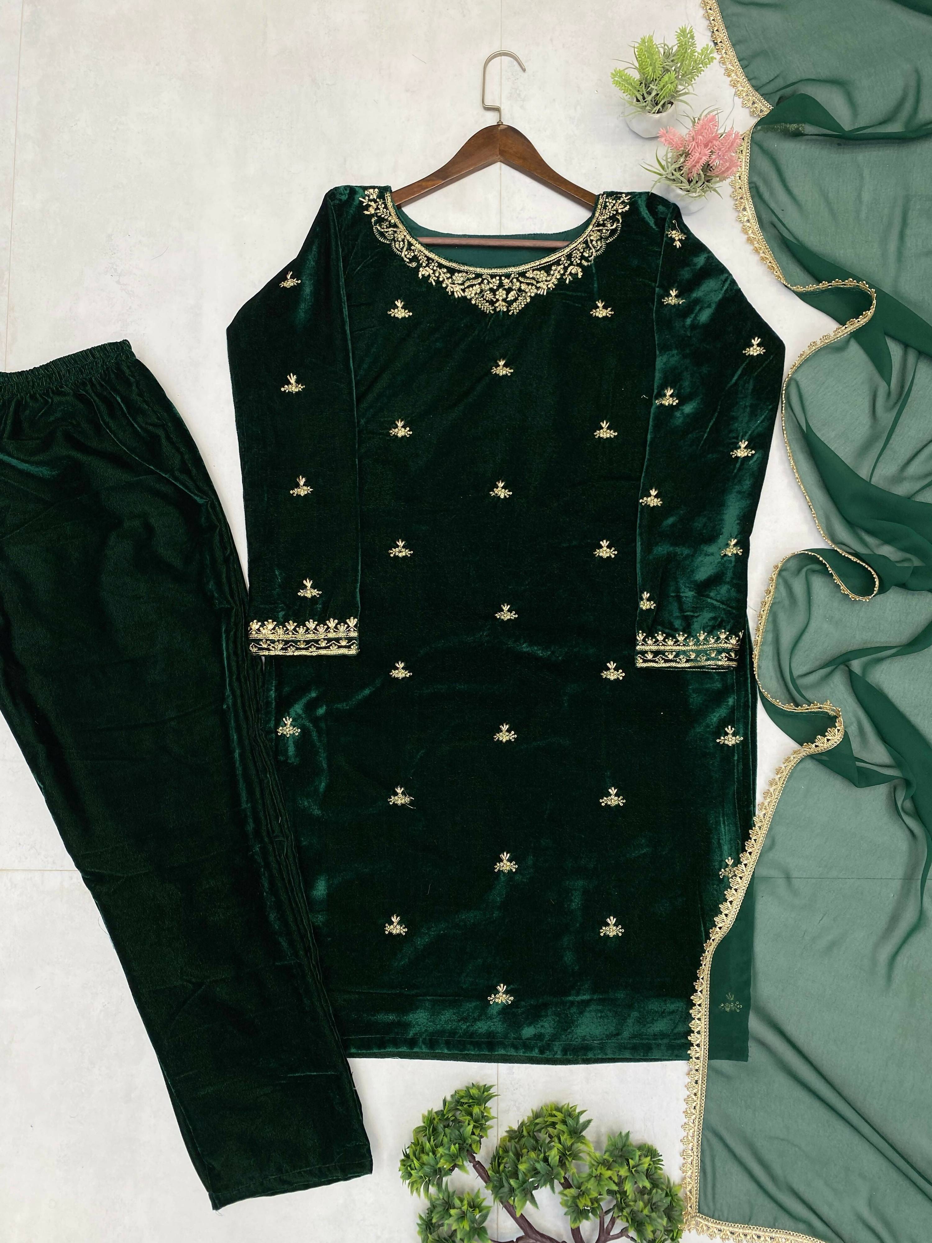 Vastranavya Green Velvet Sequence Embroidery Work Kurta & Bottom With Dupatta