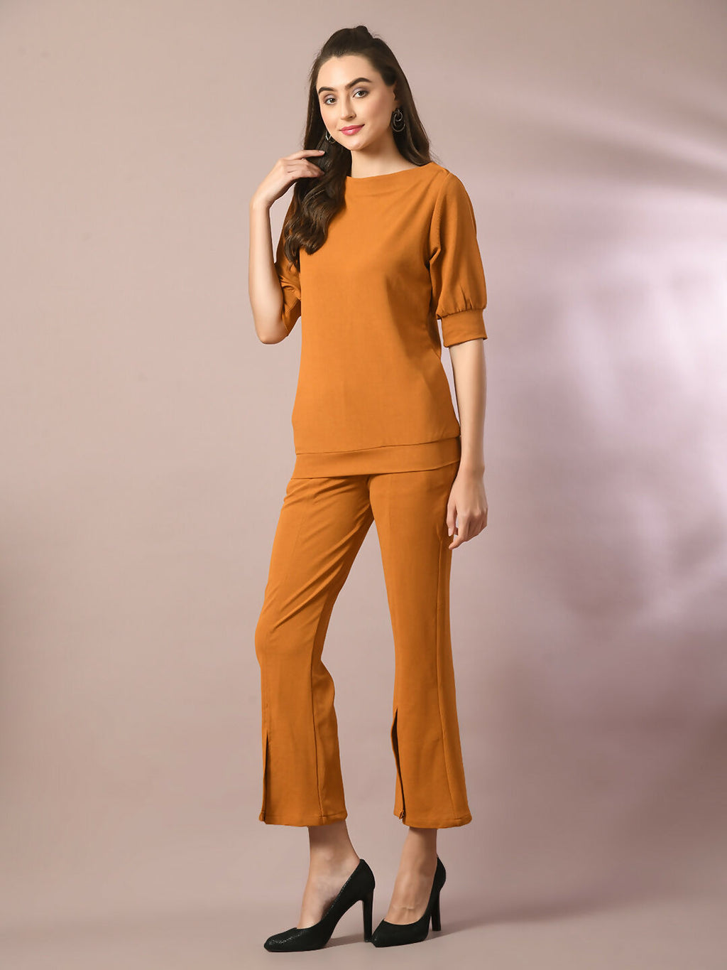 Myshka Women's Mustard Solid Boat Neck Party Top With Trousers Co-ord set