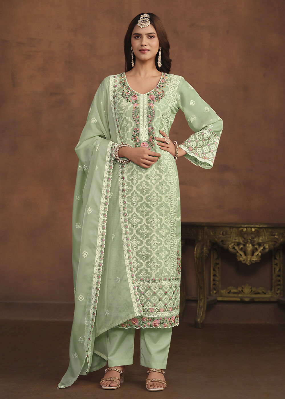 Mint Green Soft Organza Embroidered Festive Salwar Suit - Emponline
