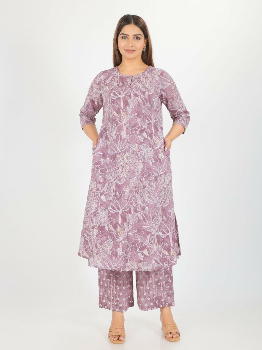 Aramya Purple Soft Cotton Gold Foil Print A-line Kurta Set for Women