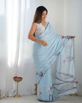 Sky Blue Chinon Designer Digital Printed & Mirror Cut Work Saree - Kriti