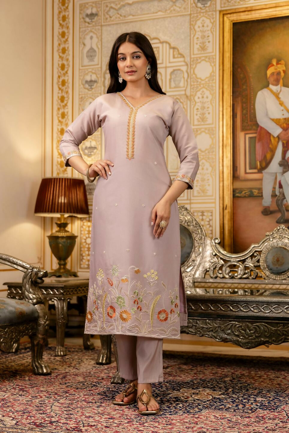 The52 Lavender Women's Beautiful Viscose Shimmer Fabric Embroidered Work Straight Kurta Pant and Dupatta Set