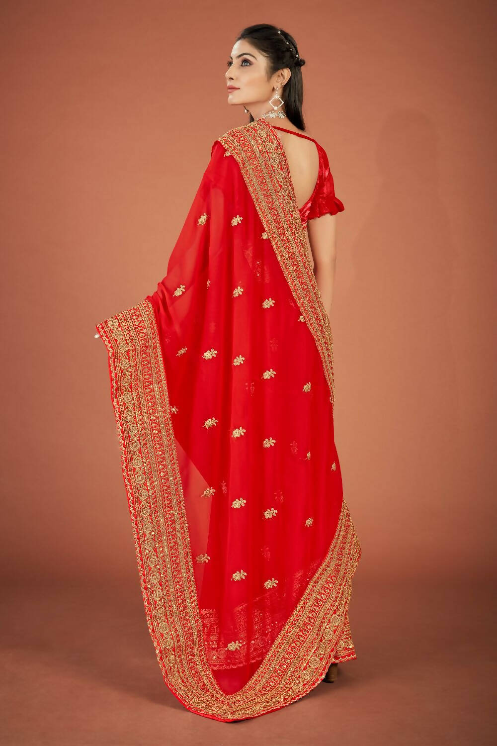 Vamsee Red Organza Saree