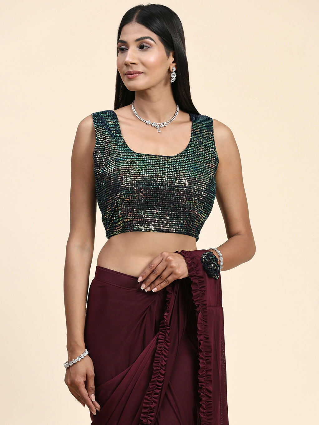 Maroon Imported Fabric Plain Ready to wear Saree with stitched Blouse - Vrinda