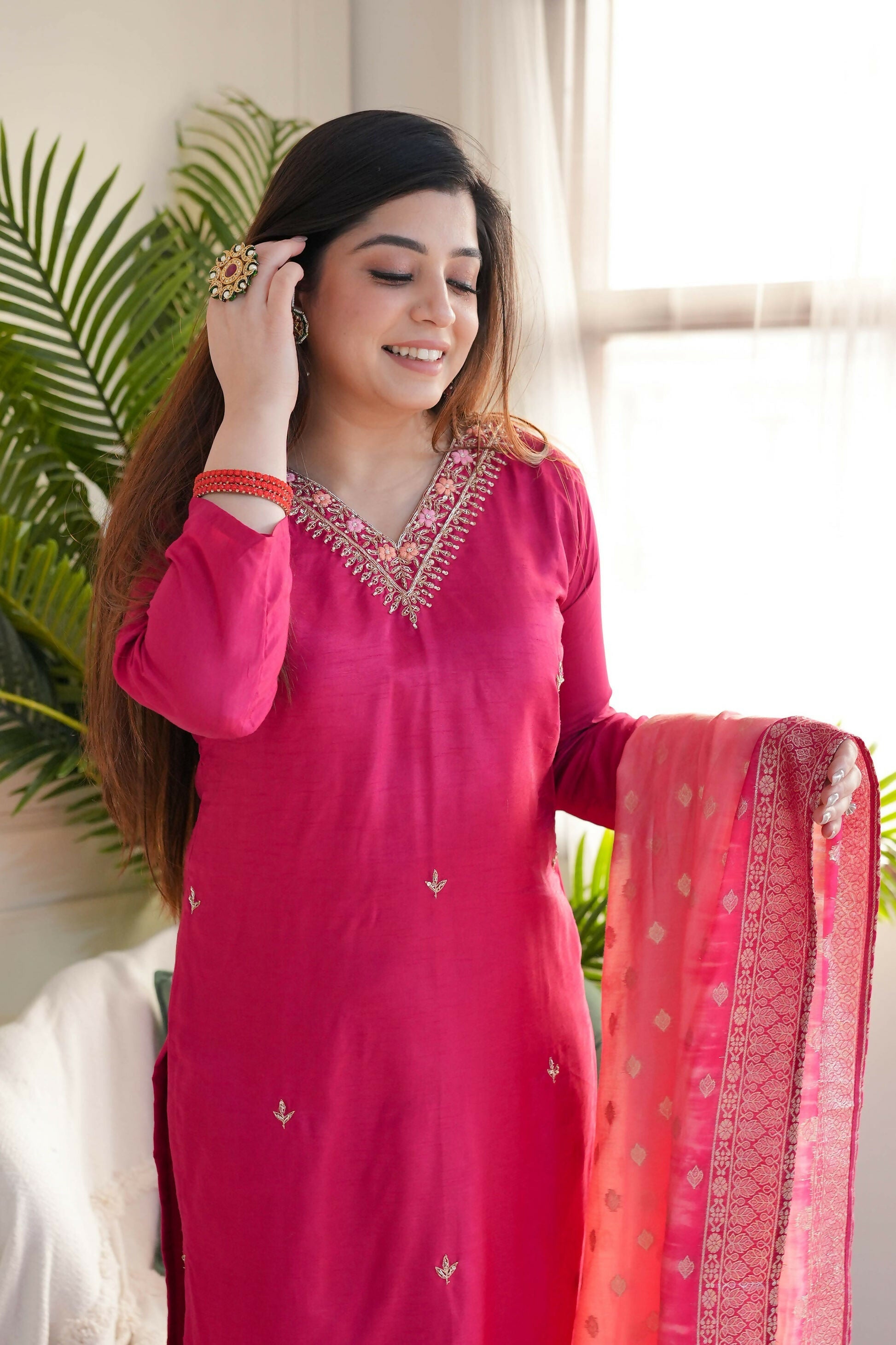 The52 Pink Women's Gorgeous Embroidered Vichitra Fabric Straight Kurta Pant with Dupatta Set