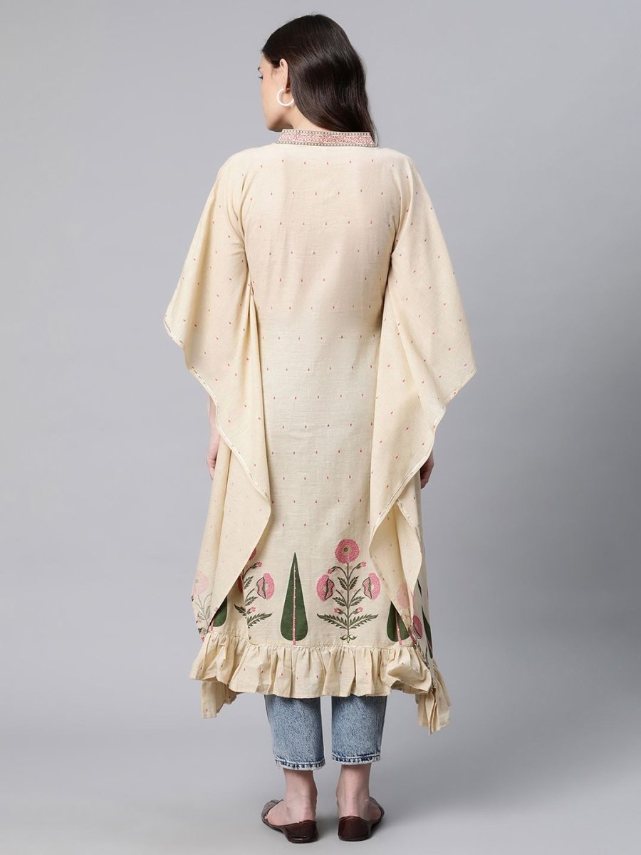 Ahalyaa Women Beige Pure Cotton Floral Printed Kaftan Kurta