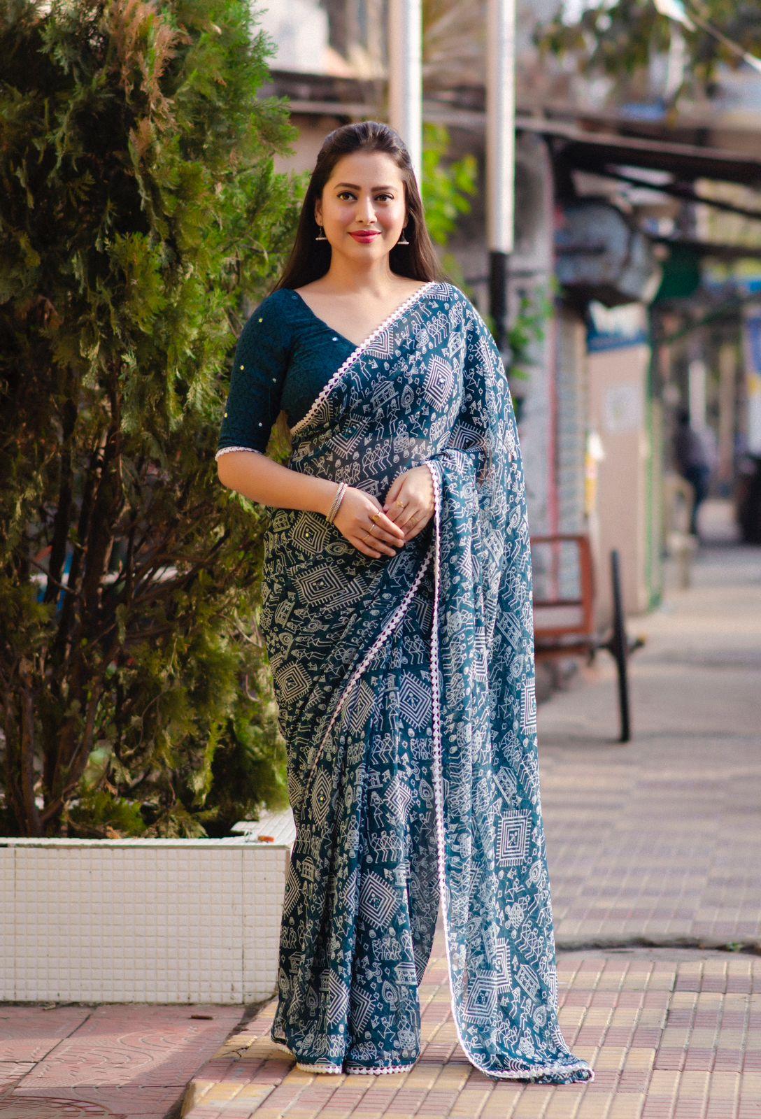 Rama Poly Georgette Ethnic Motifs Saree with Unstitched Blouse - Hiral Fashion