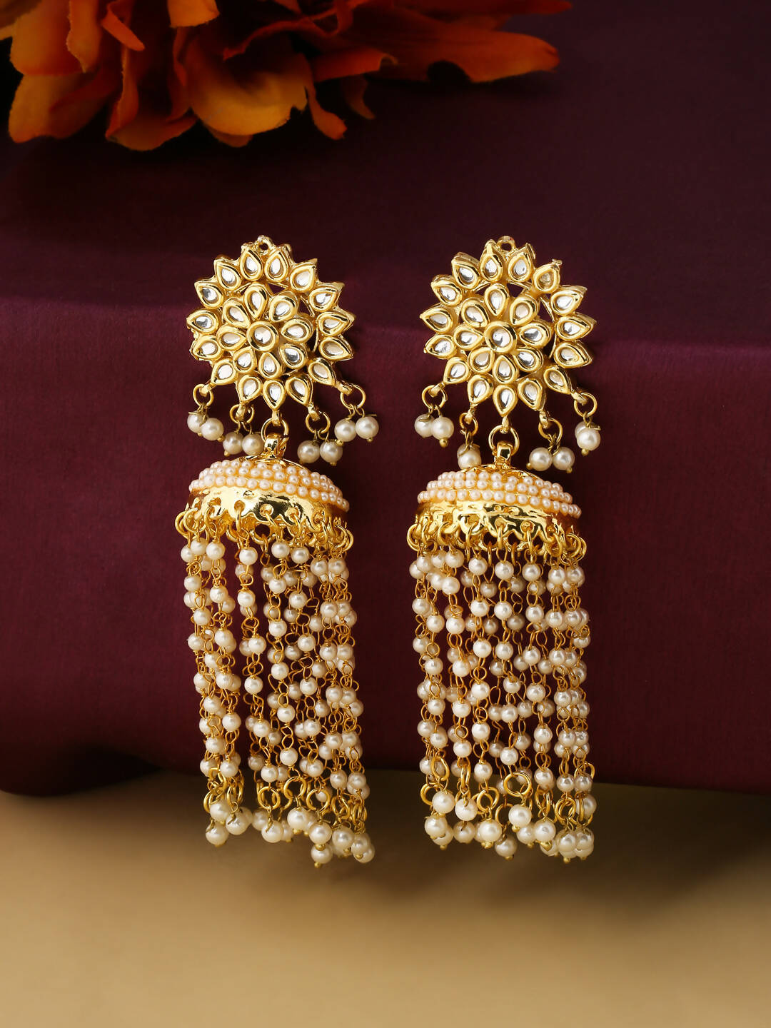 NVR Women Gold-Polished Contemporary Jhumkas Earrings