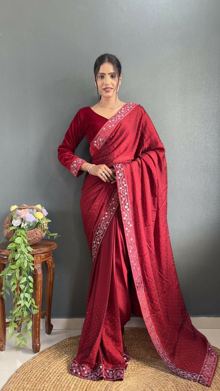 Vastranavya Red Rangoli Silk Real Mirror work with Swarovski work Ready to Wear Saree