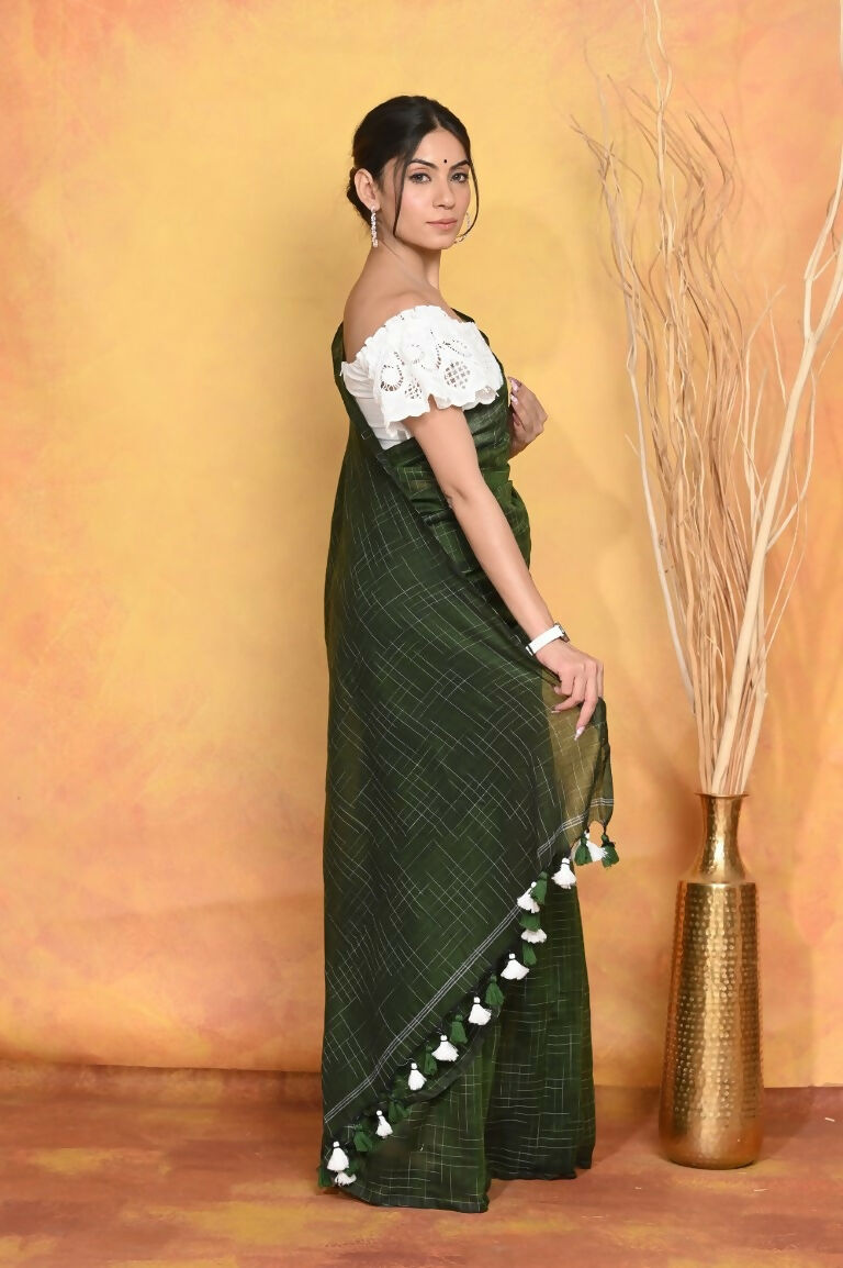 Very Much Indian Mul Cotton Khadi Design Handloom Woven Saree - Green