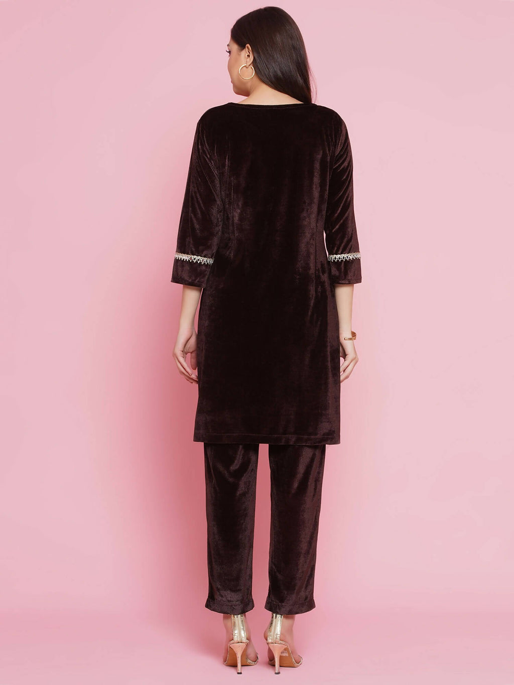 Women Republic Brown Velvet Embellished Co-Ord Set