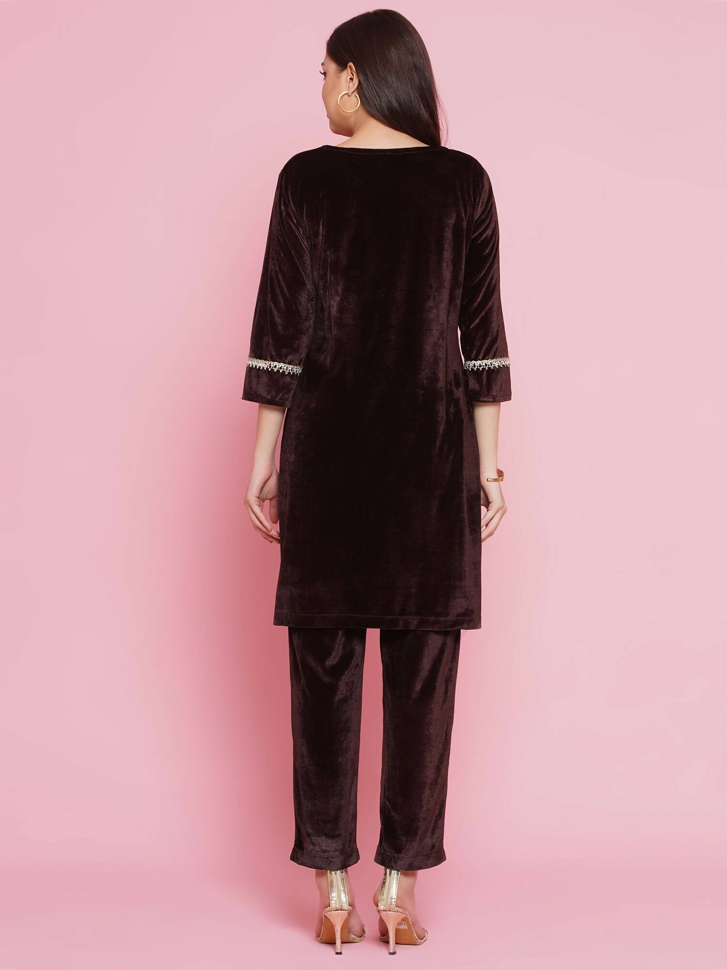 Women Republic Brown Velvet Embellished Co-Ord Set