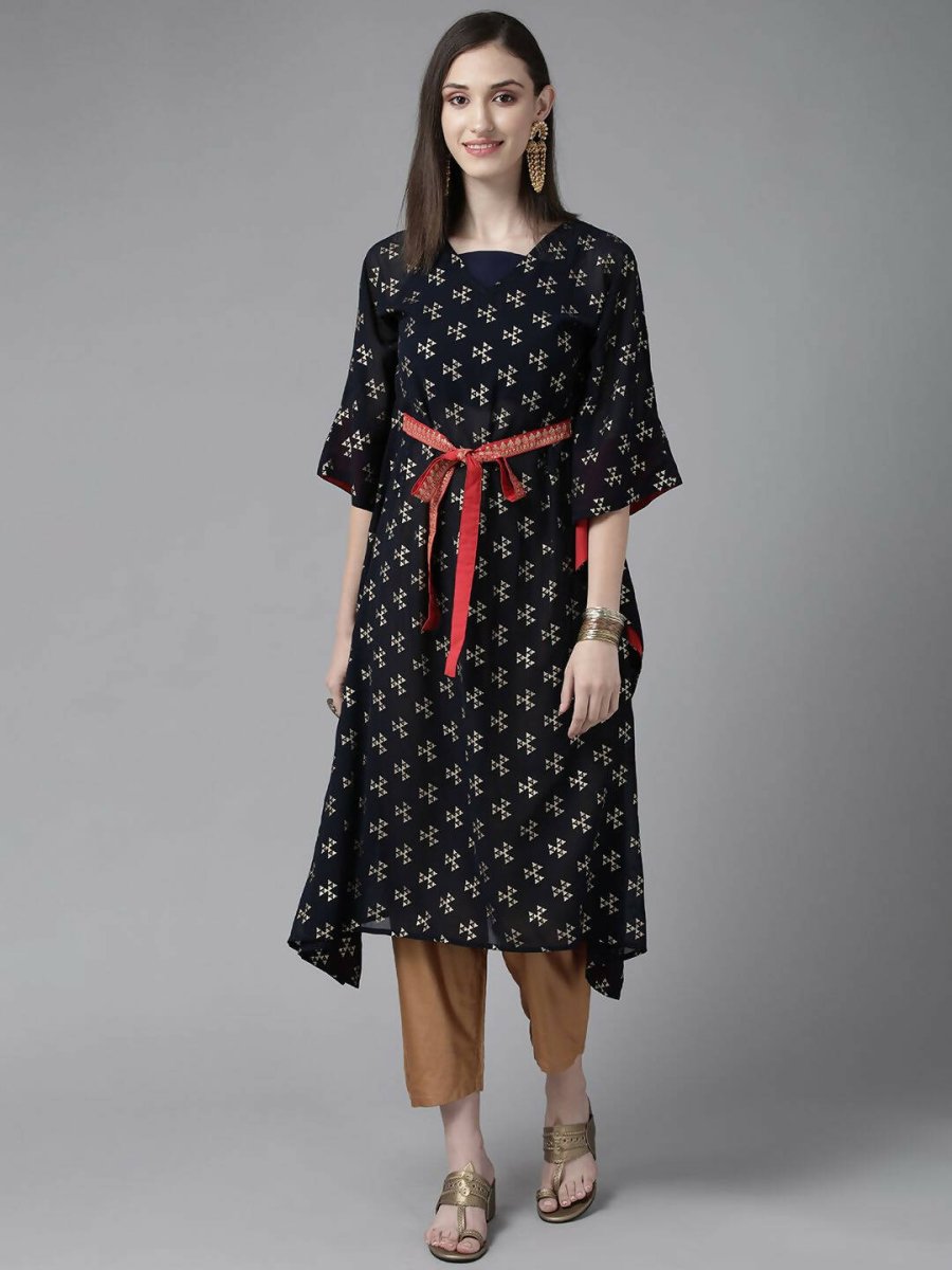 Ahalyaa Women Navy Blue Georgette Gold Printed Kaftan Kurta