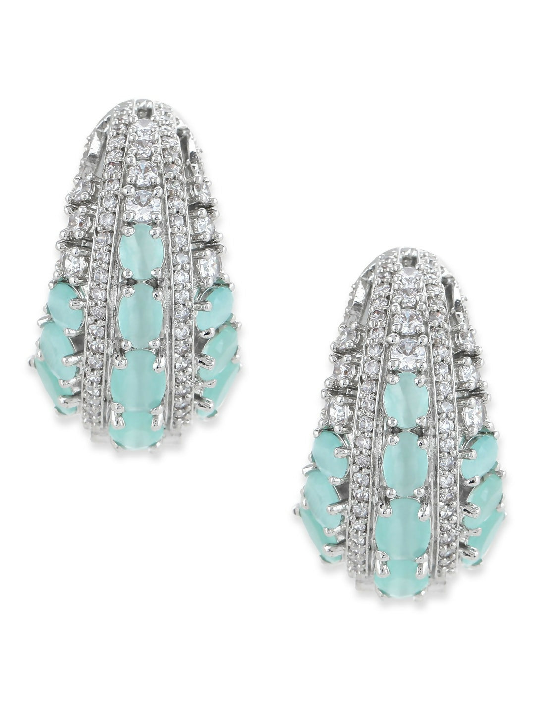 Aqua & Silver Diamond Hoops Earrings- Ruby Raang