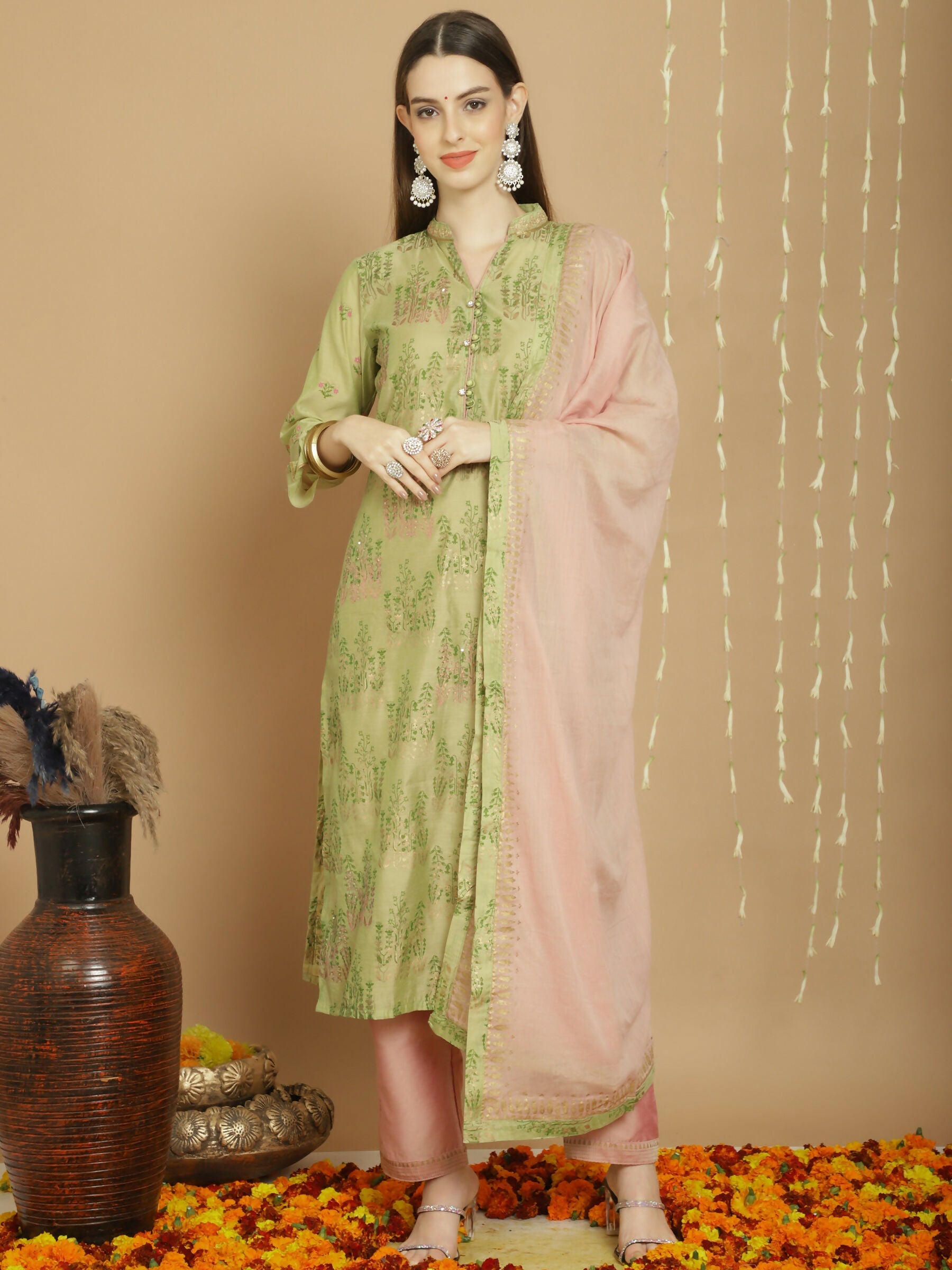 Jyoti Fashion Women's Green Chanderi Silk Elegant Jardoshi Semi Kurta with Trouser & Dupatta