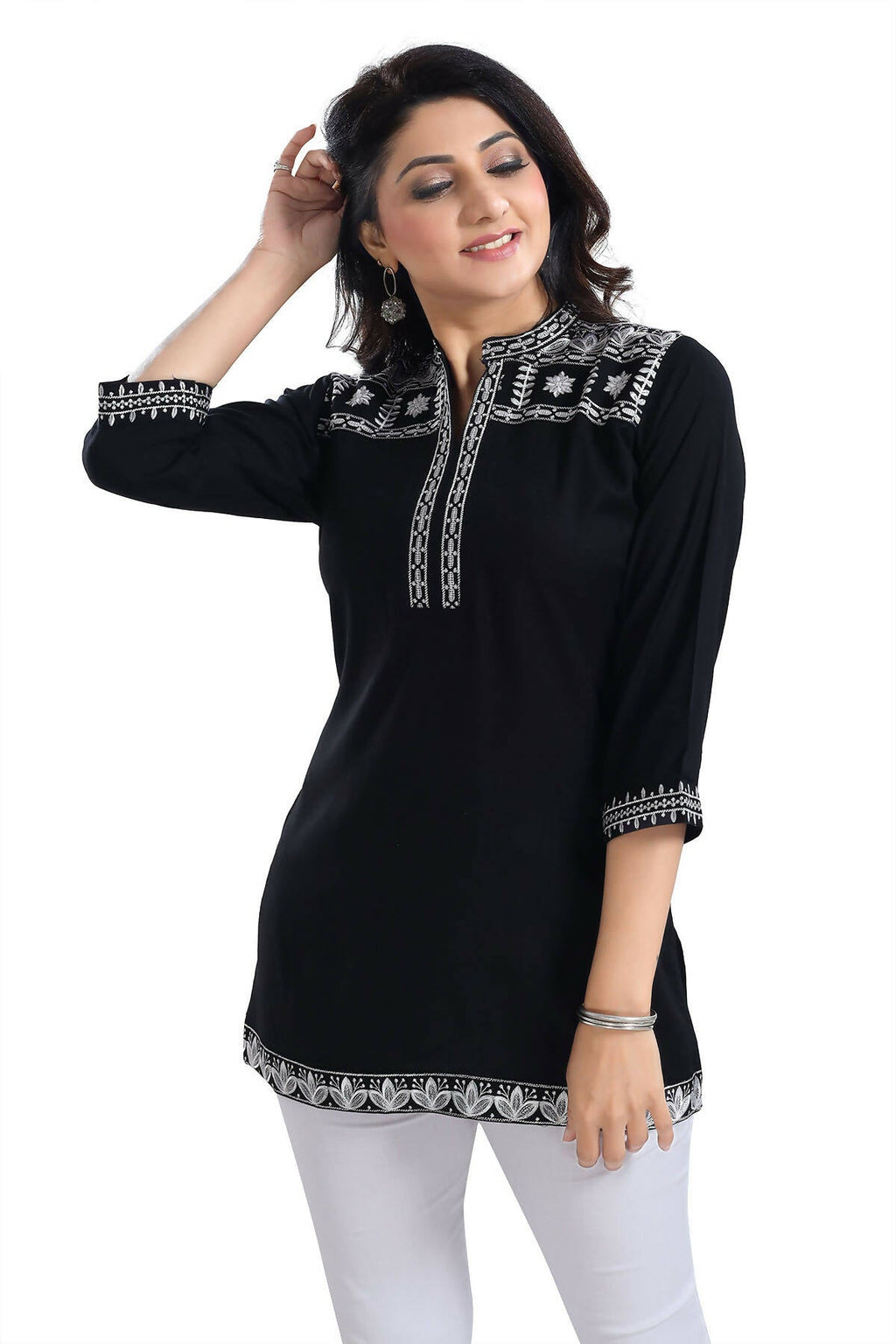Snehal Creations Blissful Black Women Embroidered Boho Chic Tunic Top