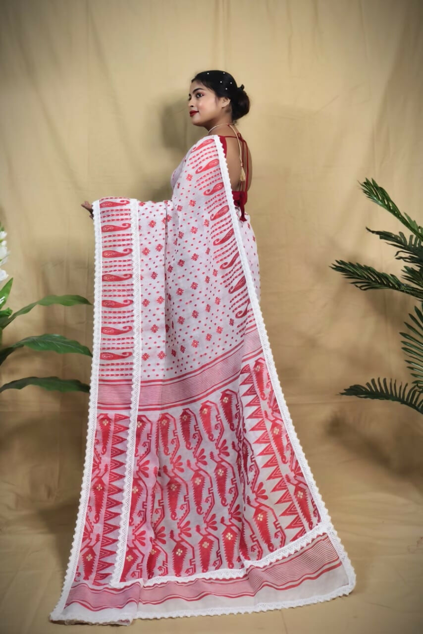 Exclusive Collection Beautiful White Red Jaal Jamdani Saree