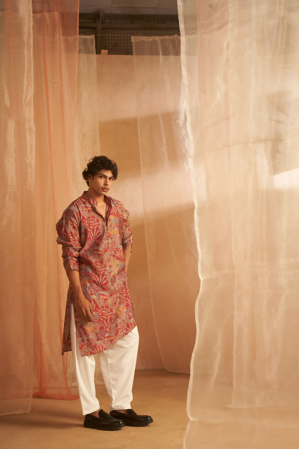 Pink Modal Silk Designer Printed Men's Kurta Set - Mahotsav