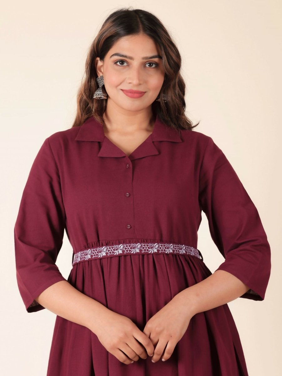 Aramya Maroon Linen Cotton Solid Print A-line Kurta Set for Women
