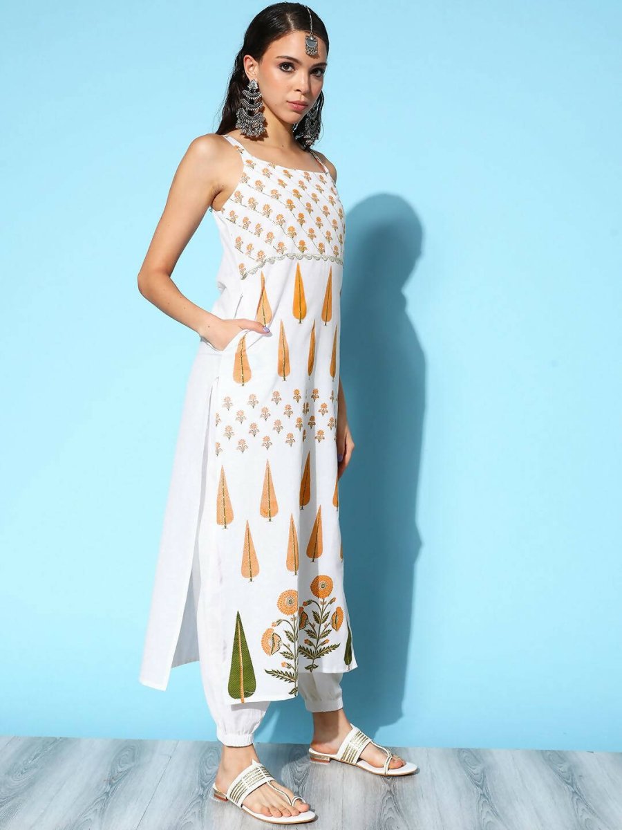 Ahalyaa Women's White Colour Pure Cotton Pigment Printed Kurta Pant Set With Dupatta