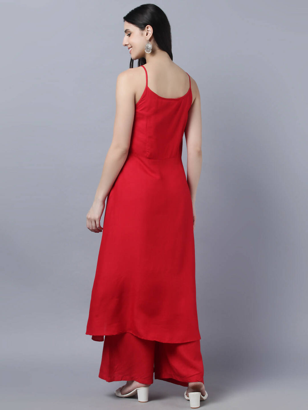 Myshka Women Red High Slit Kurta with Palazzos With Dupatta