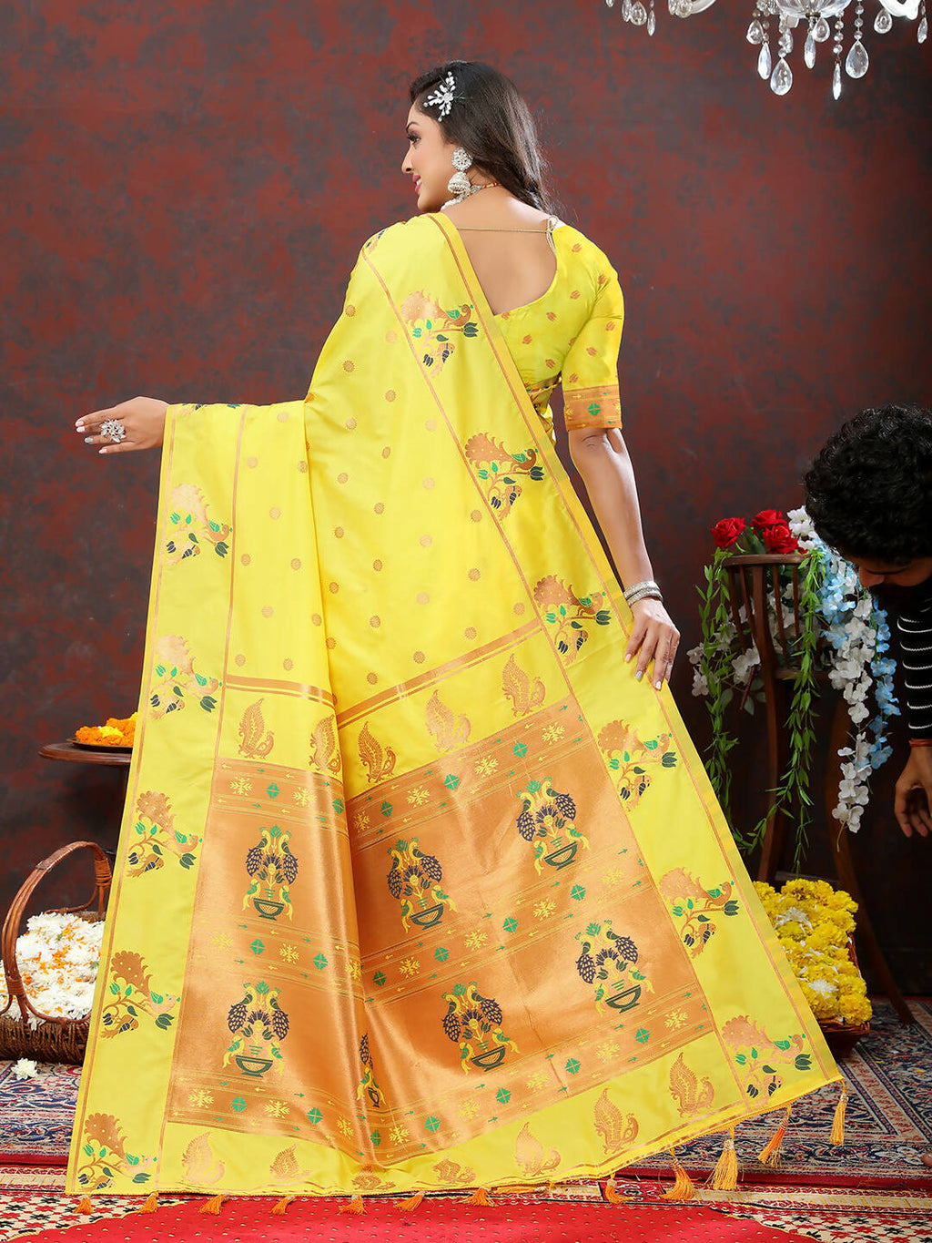Lorenvalley Fashion Yellow Soft Paithani Silk Woven Design Copper Zari Meenakari Weaving Saree