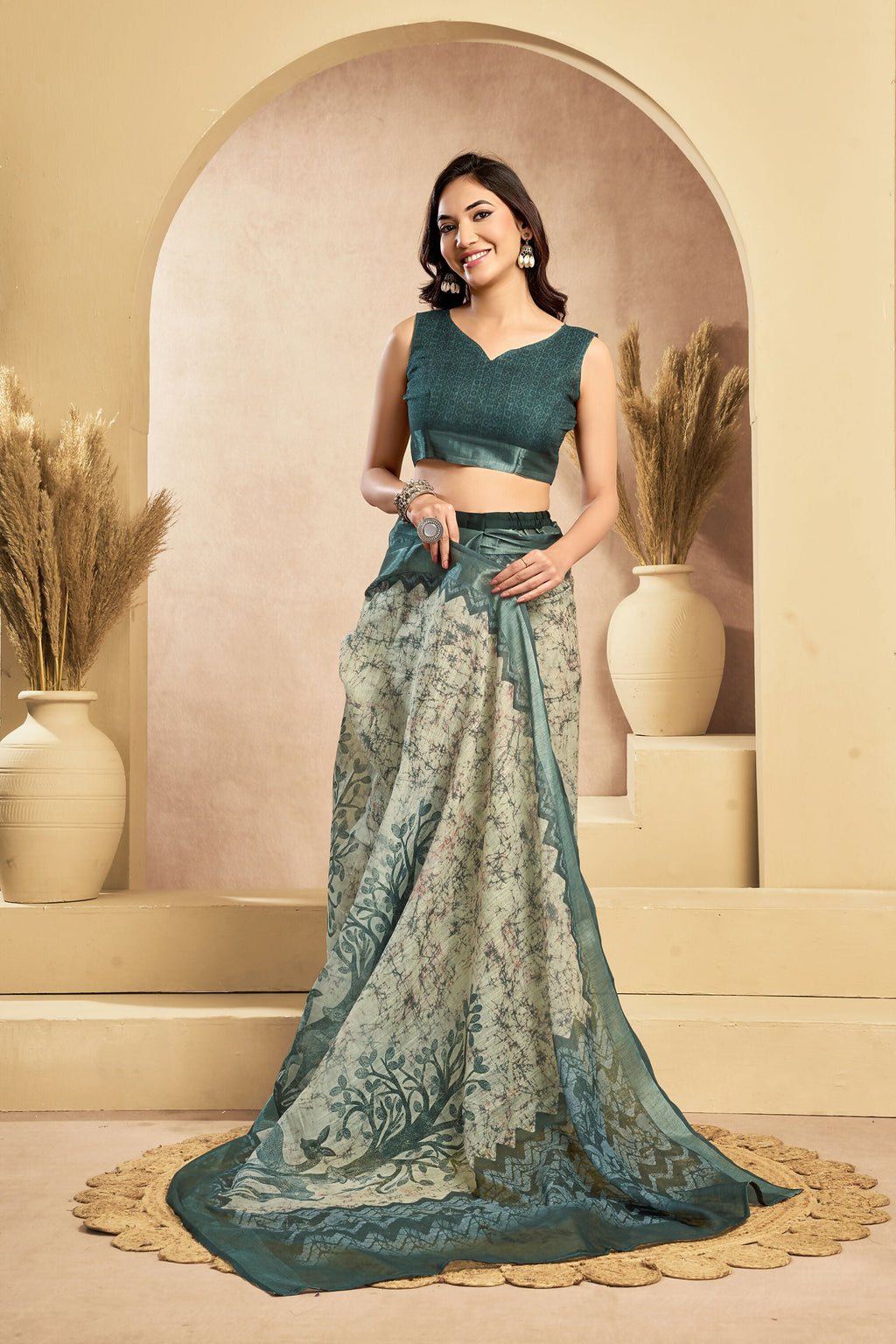 Vastranavya Digital Printed Linen Ready To Wear Designer Saree with Unstitched Blouse